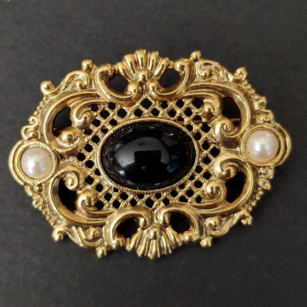 Vintage gold, black and faux pearl brooch